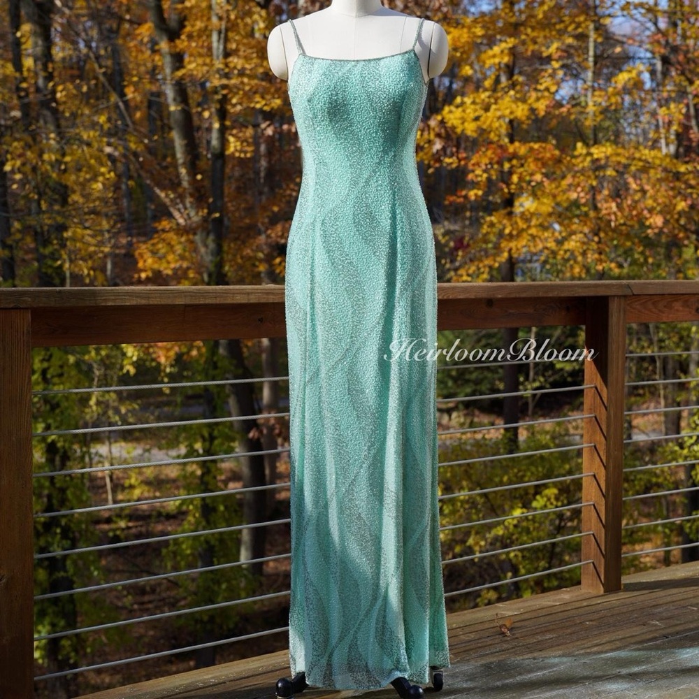 Vintage 90s 100% Silk Beaded Geometric Pattern Prom Dress Evening Gown